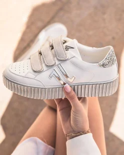 Sale Casual Mode Basket femme blanche à strass et velcro - CLE03 SILVER Argent
