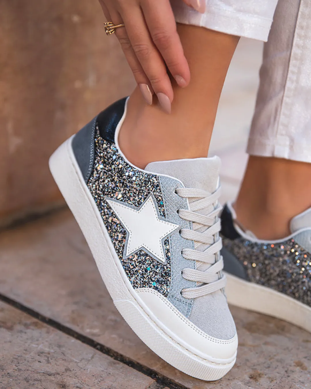 Sale Casual Mode Basket femme e jeans paillettes étoile - Claudia Bleu