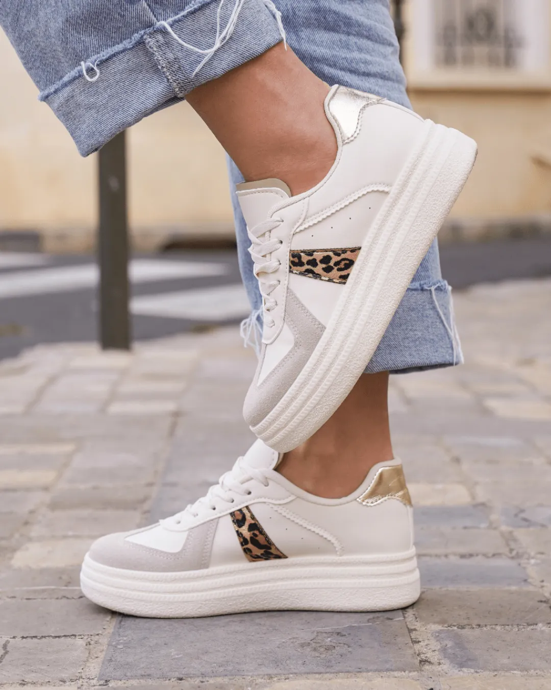 Fashion Casual Mode Basket femme compensée léopard à lacets - Alicia Leopard