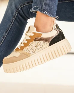Fashion Casual Mode Basket femme compensée semelle épaisse à lacets - Daniella Taupe