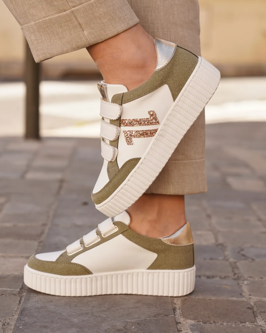 Outlet Casual Mode Basket femme creepers à scratch - CL83 Kaki
