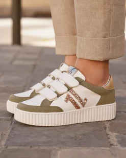 Outlet Casual Mode Basket femme creepers à scratch - CL83 Kaki