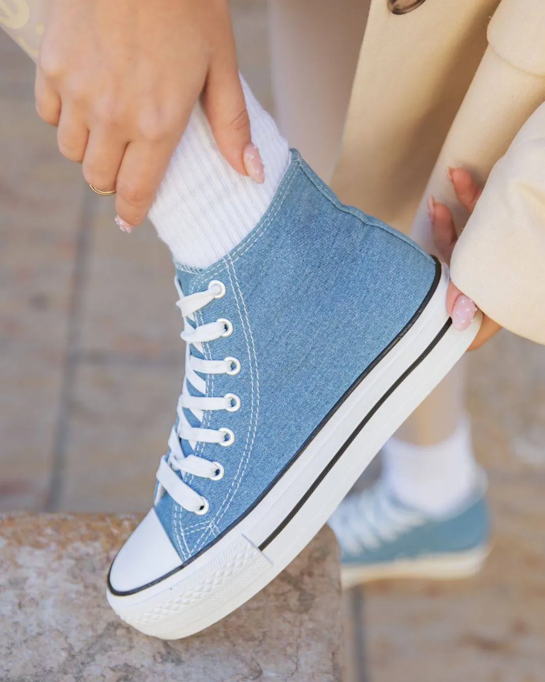 Outlet Casual Mode Basket femme denim blue jeans montante en toile - Delphine Bleu