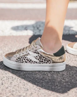 Fashion Casual Mode Basket femme léopard et dorée à lacets - Chrysta Leopard