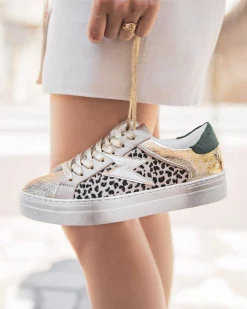 Fashion Casual Mode Basket femme léopard et dorée à lacets - Chrysta Leopard
