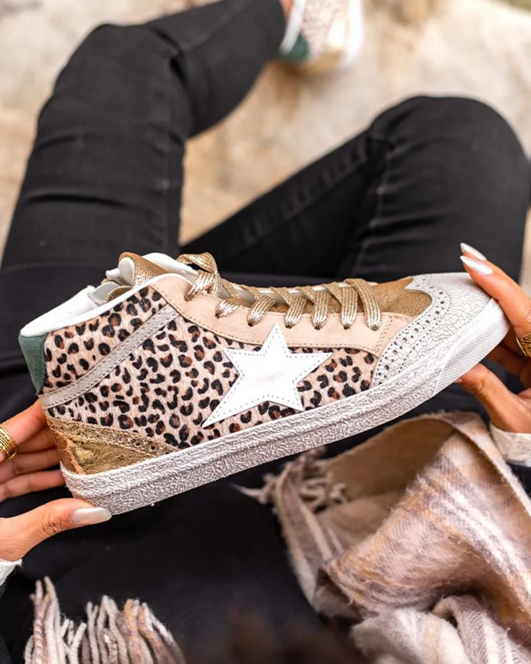 Discount Casual Mode Basket femme léopard montante étoile à lacets - Lolie Beige