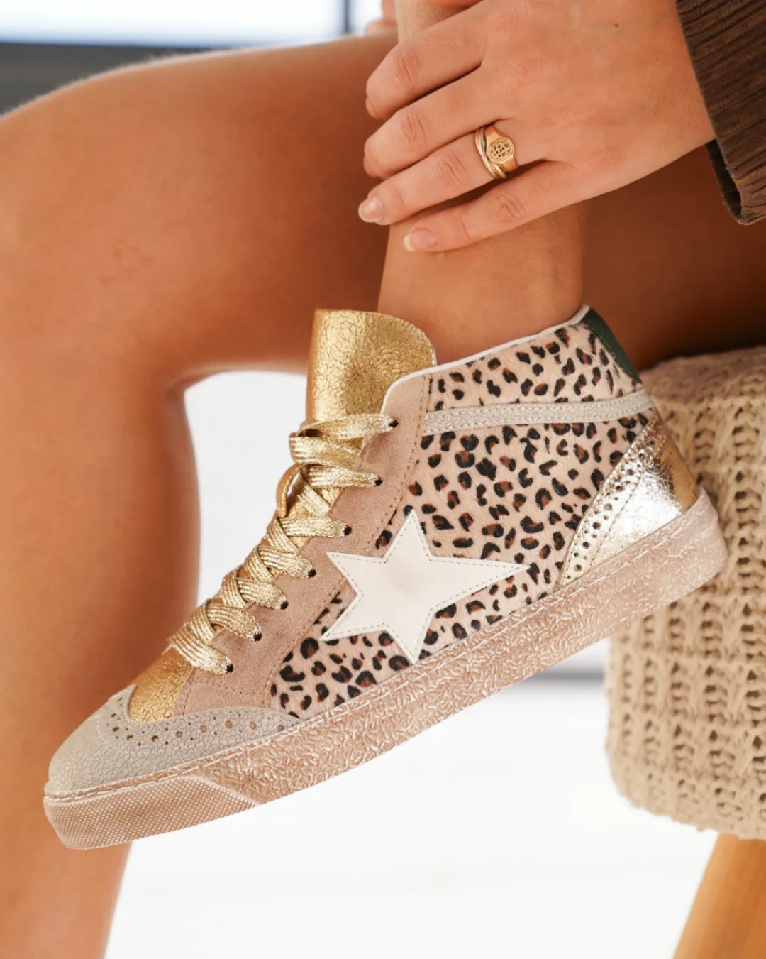 Discount Casual Mode Basket femme léopard montante étoile à lacets - Lolie Beige