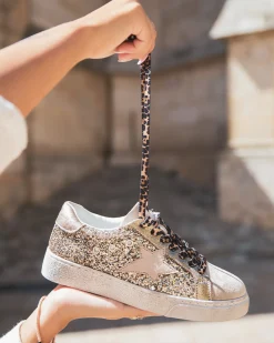 Fashion Casual Mode Basket femme paillettes dorées à lacets - Roxane Beige