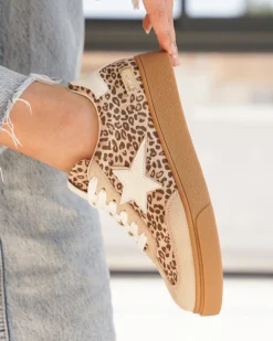 Clearance Casual Mode Basket femme semelle marron étoile léopard à lacets - Perrine Leopard