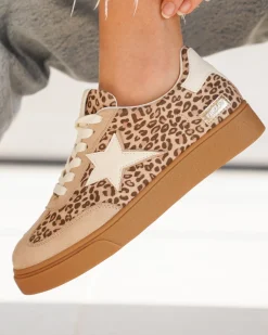 Clearance Casual Mode Basket femme semelle marron étoile léopard à lacets - Perrine Leopard
