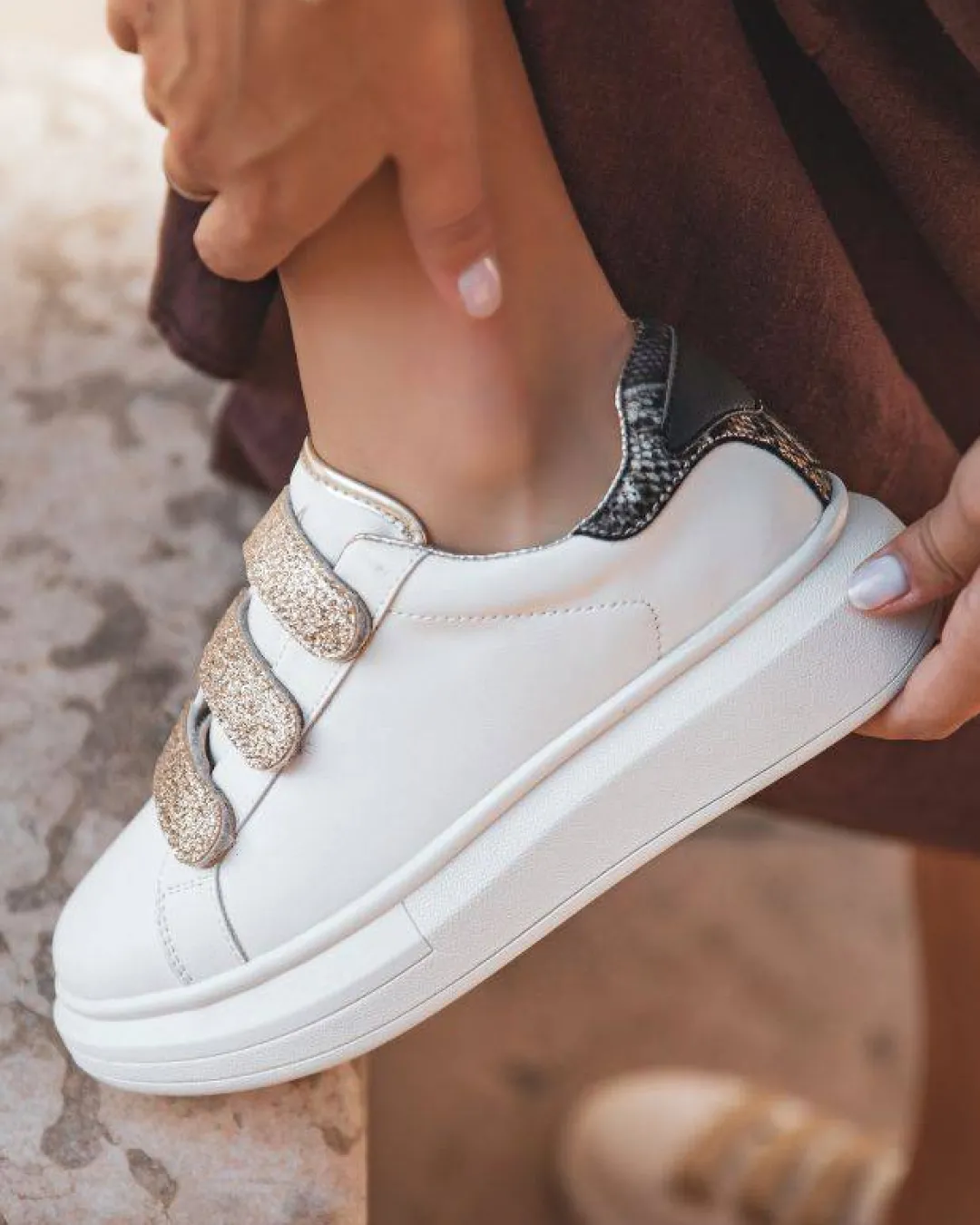 Best Casual Mode Basket sneakers femme blanche à scratch - CL24 GOLD Or