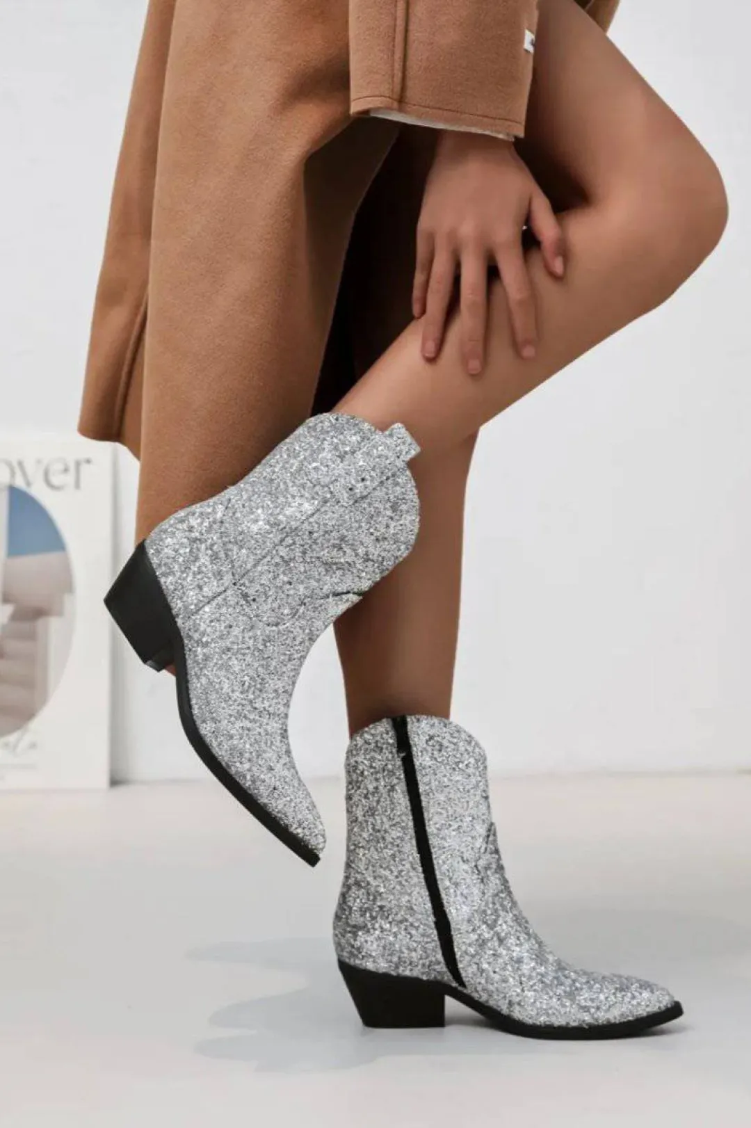 New Casual Mode Bottines femme santiag ées à talon - Olivia Argent