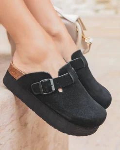 Fashion Casual Mode Sabots femme en CUIR avec boucle - Clara Noir