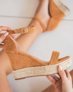 Best Casual Mode Sandale femme compensée daim et corde - Ninon Camel