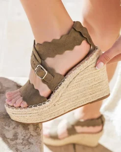Fashion Casual Mode Sandale femme compensée daim - Ambre Taupe