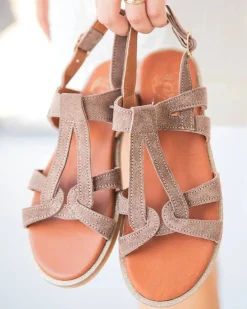 Outlet Casual Mode Sandale femme plate en cuir - MJNP81 Taupe
