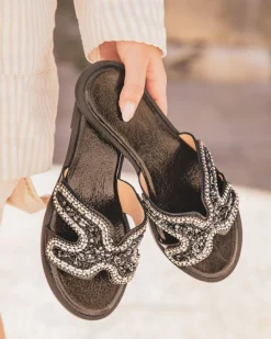 Discount Casual Mode Sandale femme plate mule - Perle Noir