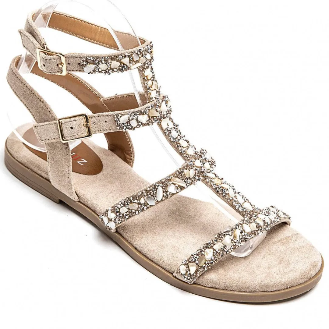 Fashion Casual Mode Sandale femme plate taupe spartiate - Halona Beige