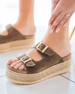 Outlet Casual Mode Sandale femme plateforme mule en CUIR - MJNP94 Kaki