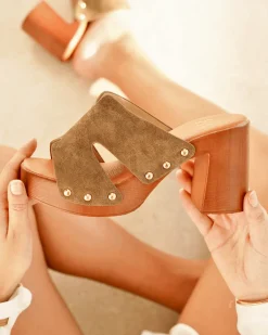 Outlet Casual Mode Sandale femme talon carré mule - Donia Taupe