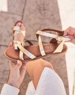 Sale Casual Mode Sandale plate en cuir dé pour femme - MJNP100 Or